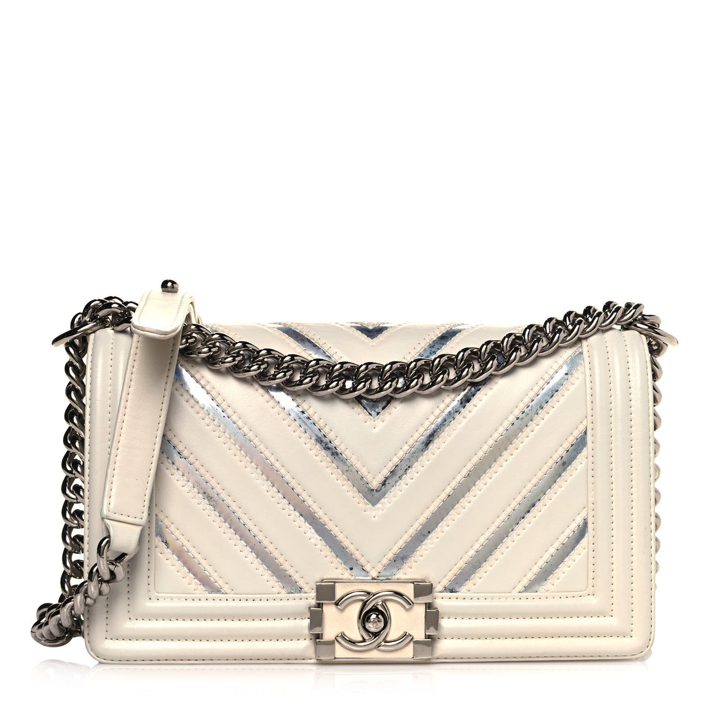 Lambskin Iridescent PVC Chevron Quilted Medium Boy Flap White Silver