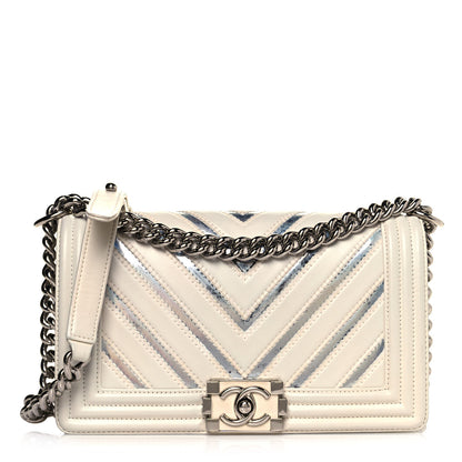 Chanel Lambskin Iridescent PVC Chevron Quilted Medium Boy Flap White Silver 1 of 15