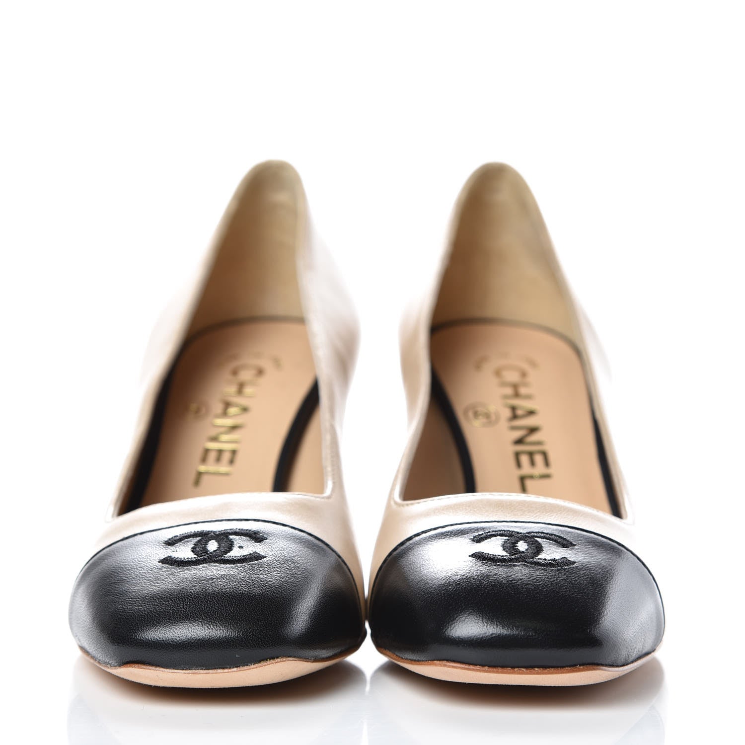 Chanel Metallic Lambskin Cap Toe CC Pumps 35.5 Beige Black 2 of 8