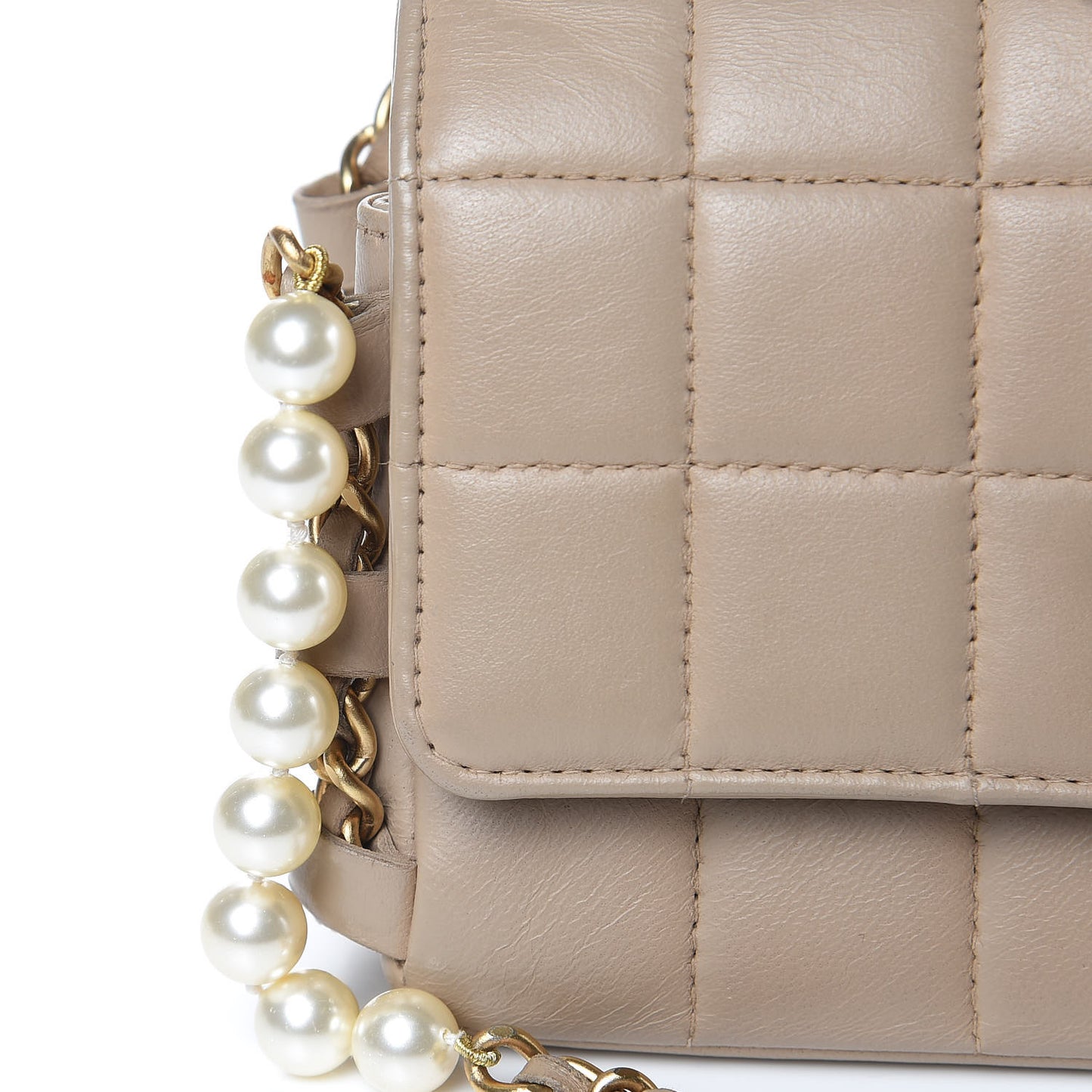 Lambskin Extra Mini Chocolate Bar Pearl Chain Flap Beige