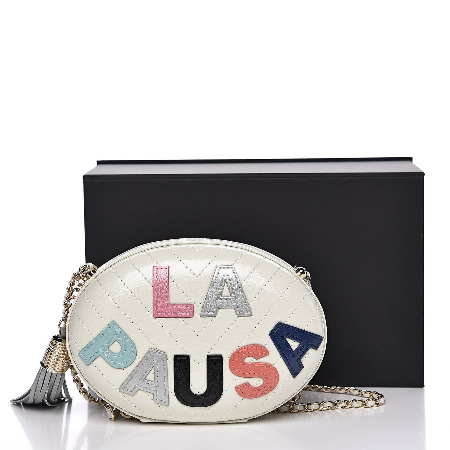 Embroidered Lambskin Chevron Quilted La Pausa Evening Bag White