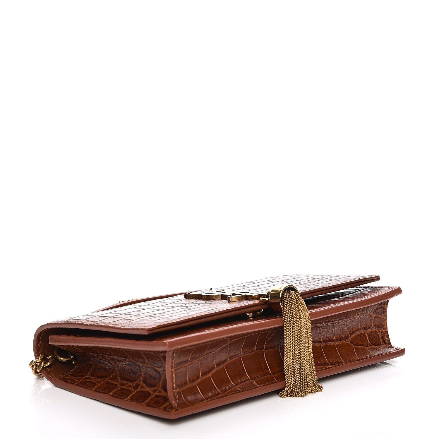 Saint Laurent Calfskin Crocodile Embossed Kate Monogram Tassel Chain Wallet Cognac 4 of 6