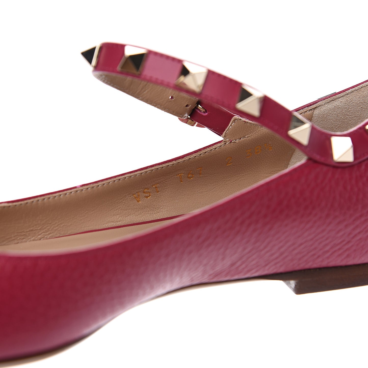 Pebbled Calfskin Rockstud Ankle Strap Ballerina Flats 38.5 Deep Fuxia