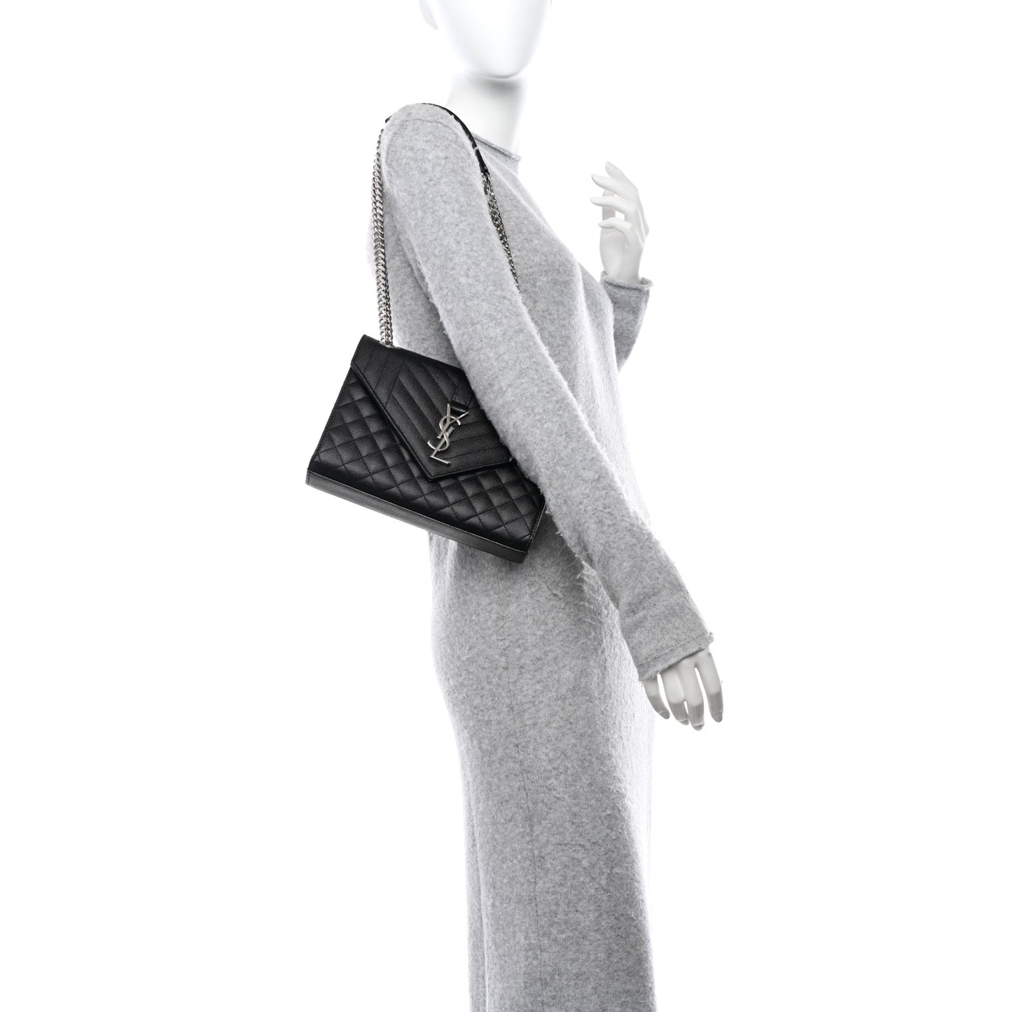 SAINT LAURENT Grain De Poudre Textured Mixed Matelasse Triquilt Medium Monogram Satchel Black
