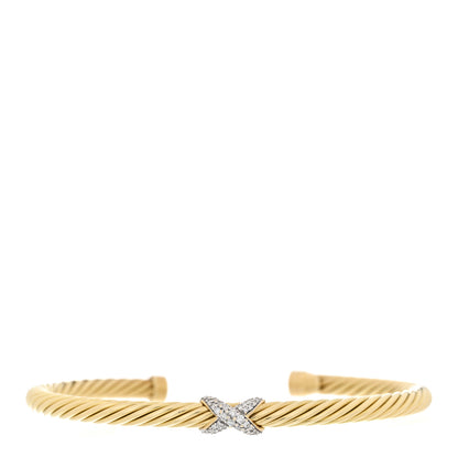 David Yurman 18K Yellow Gold Diamond 4mm Cablespira X Station Cable Bracelet 1 of 3