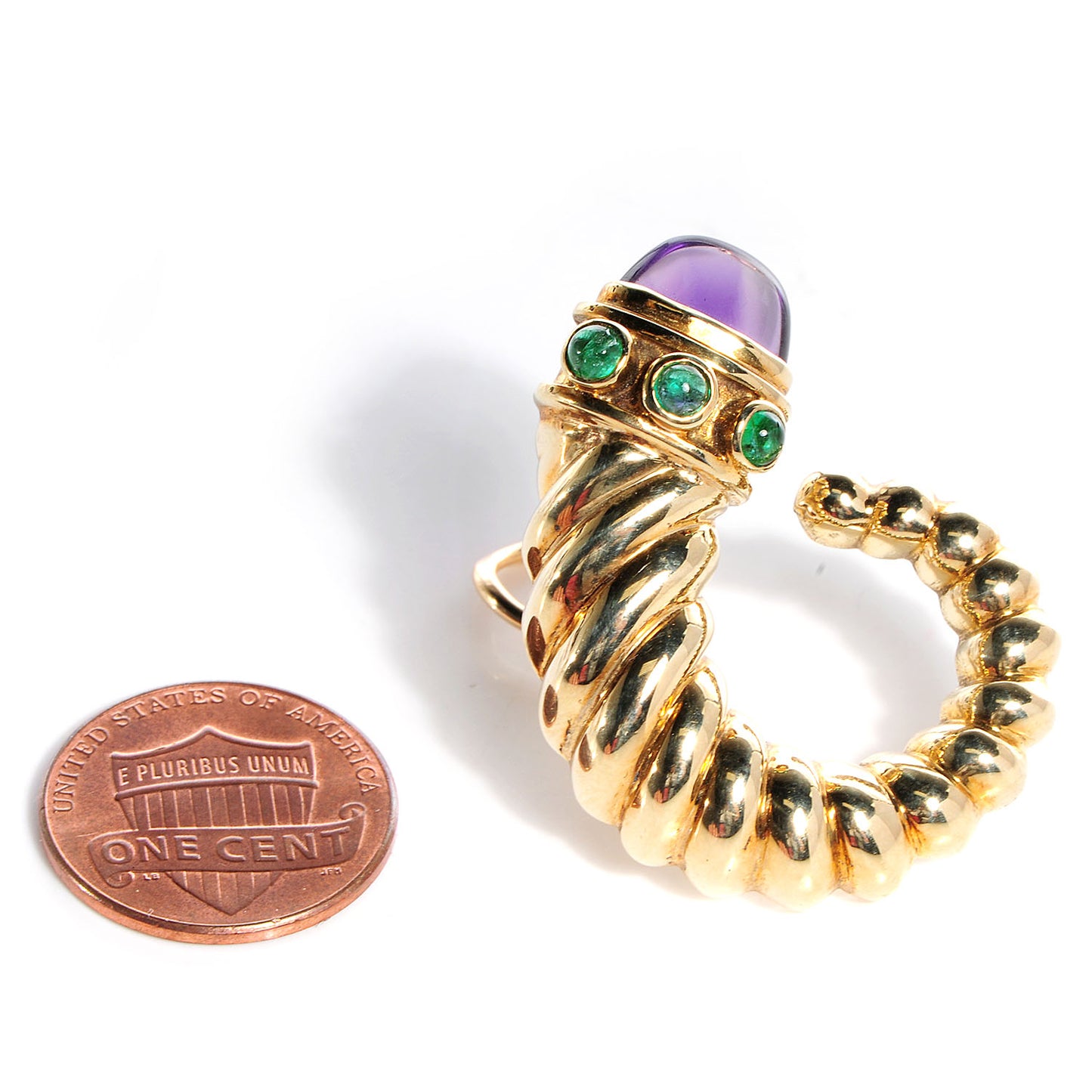 14k Yellow Gold Amethyst and Emerald Renaissance Shrimp Clip On Earring