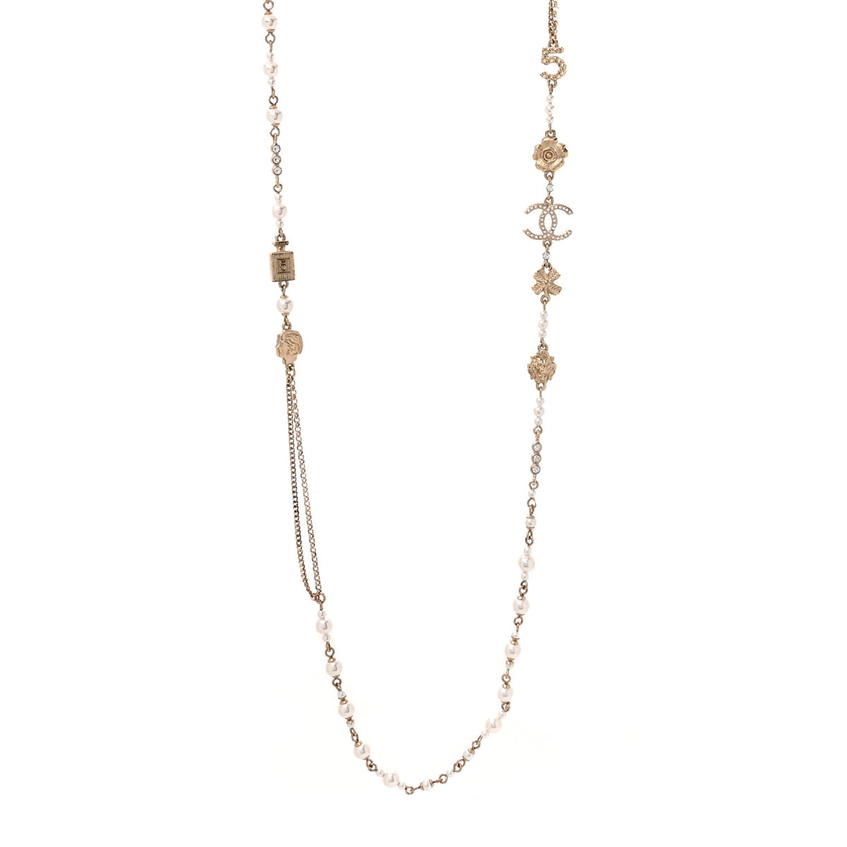 Chanel Pearl Crystal Graduated CC No.5 Perfume Bottle Flower Long Necklace Gold White 1 of 4