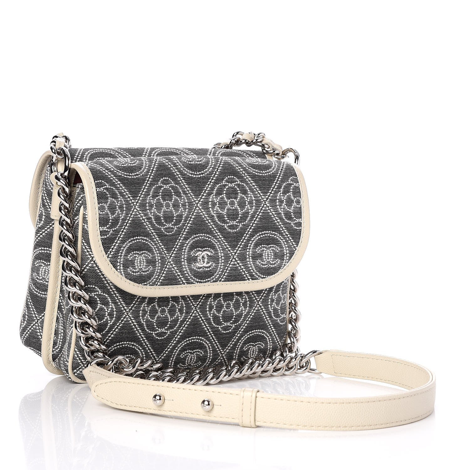 Chanel Fabric Camellia Printed Grained Calfskin Messenger Bag Black White 3 of 8
