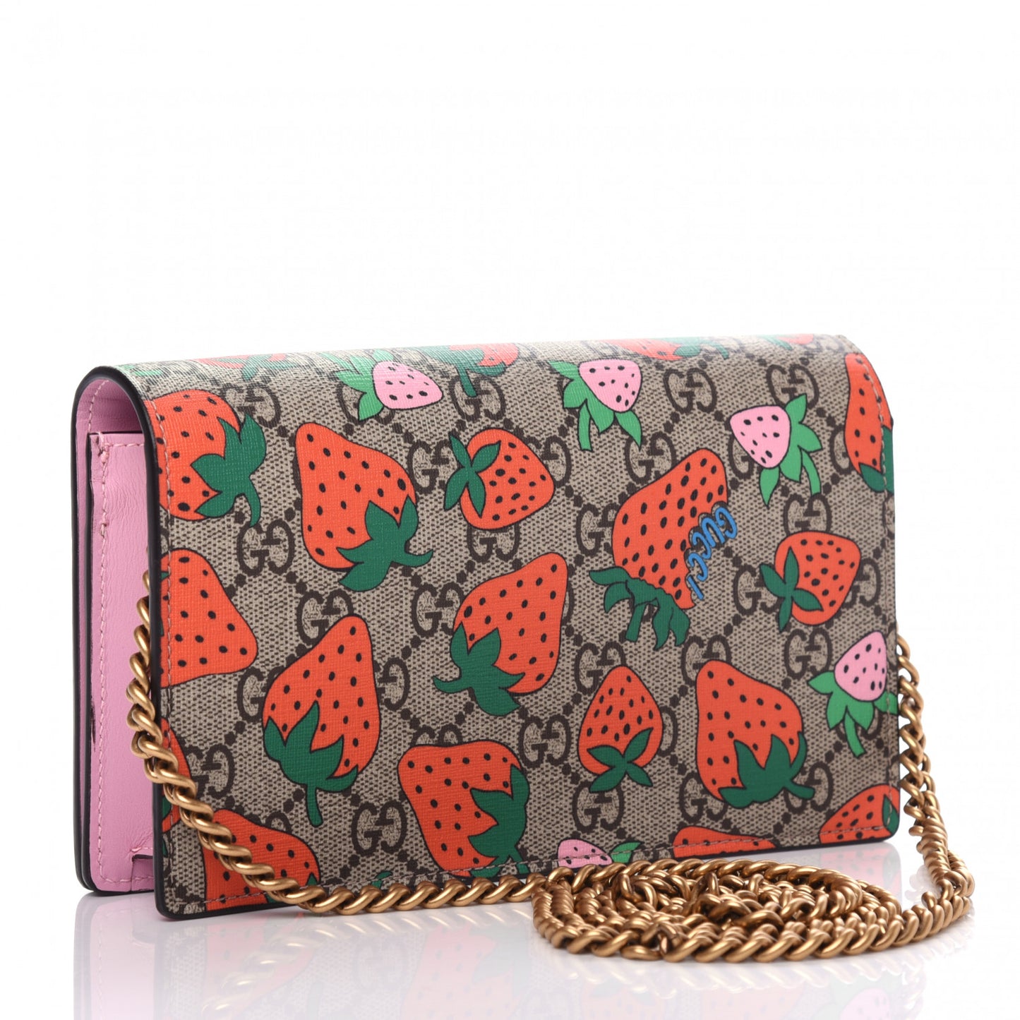 GG Supreme Monogram Strawberry Chain Wallet