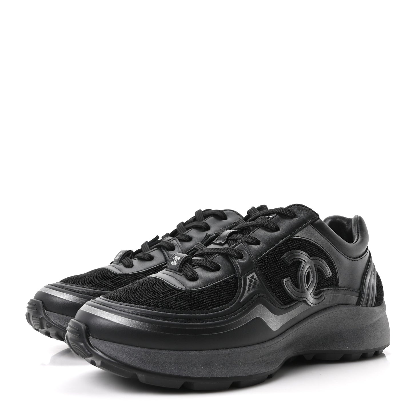 Mesh Calfskin CC Sneakers 37.5 Black Silver