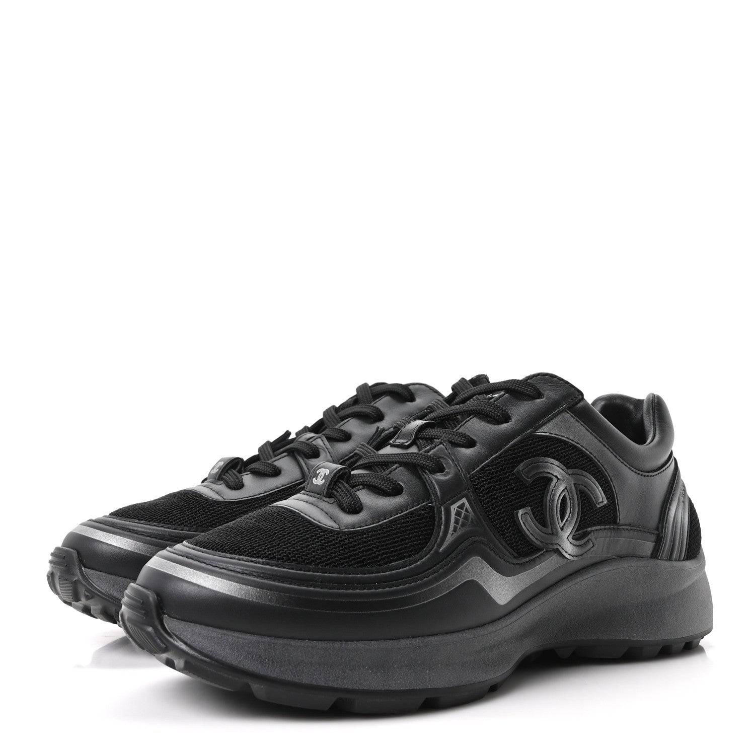 Chanel Mesh Calfskin CC Sneakers 37.5 Black Silver 4 of 9