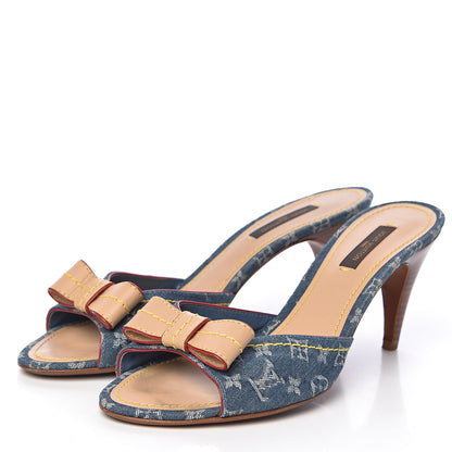 Louis Vuitton Denim Monogram Bow Mules Peep Toe Heels 38 3 of 12