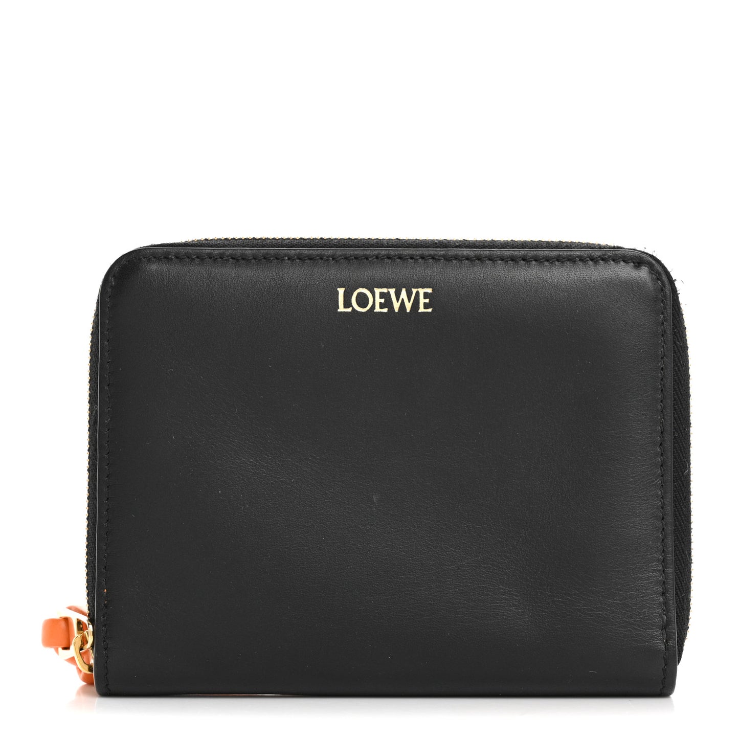 Calfskin Compact Knot Zip Around Wallet Black Bright Orange