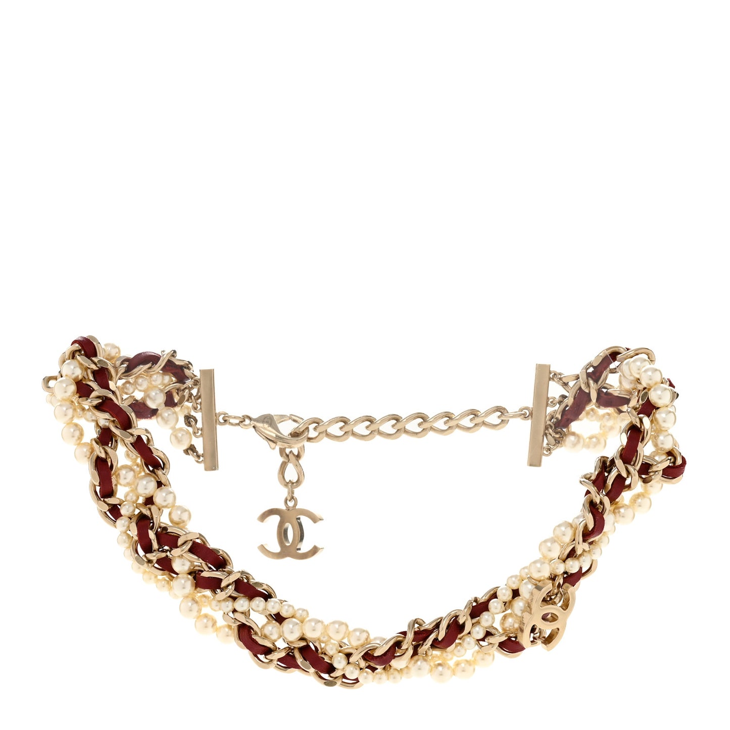 Pearl Lambskin CC Multi Strand Chain Choker Necklace Red