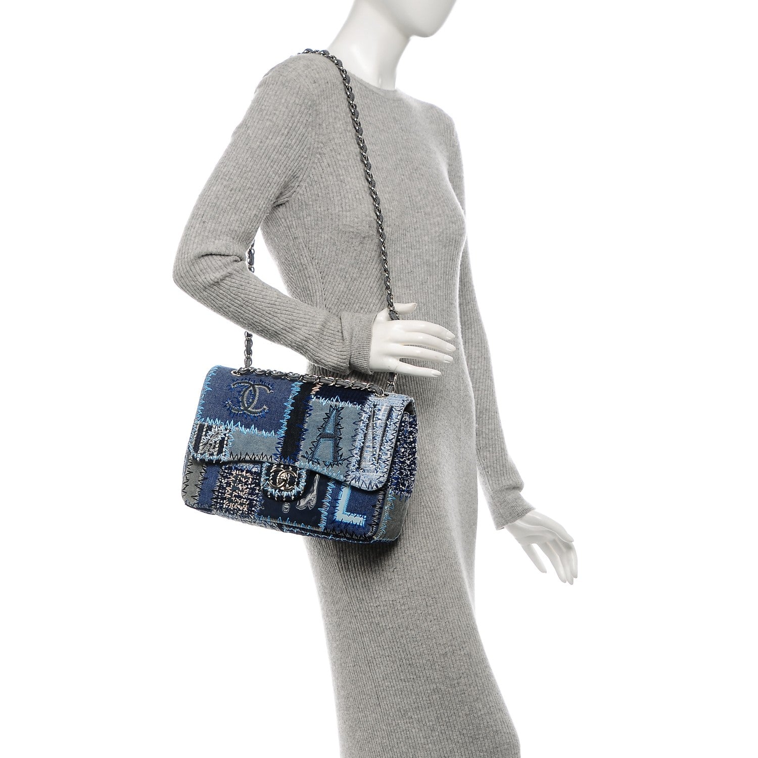 Chanel Denim Tweed Patchwork Jumbo Single Flap Blue 2 of 7