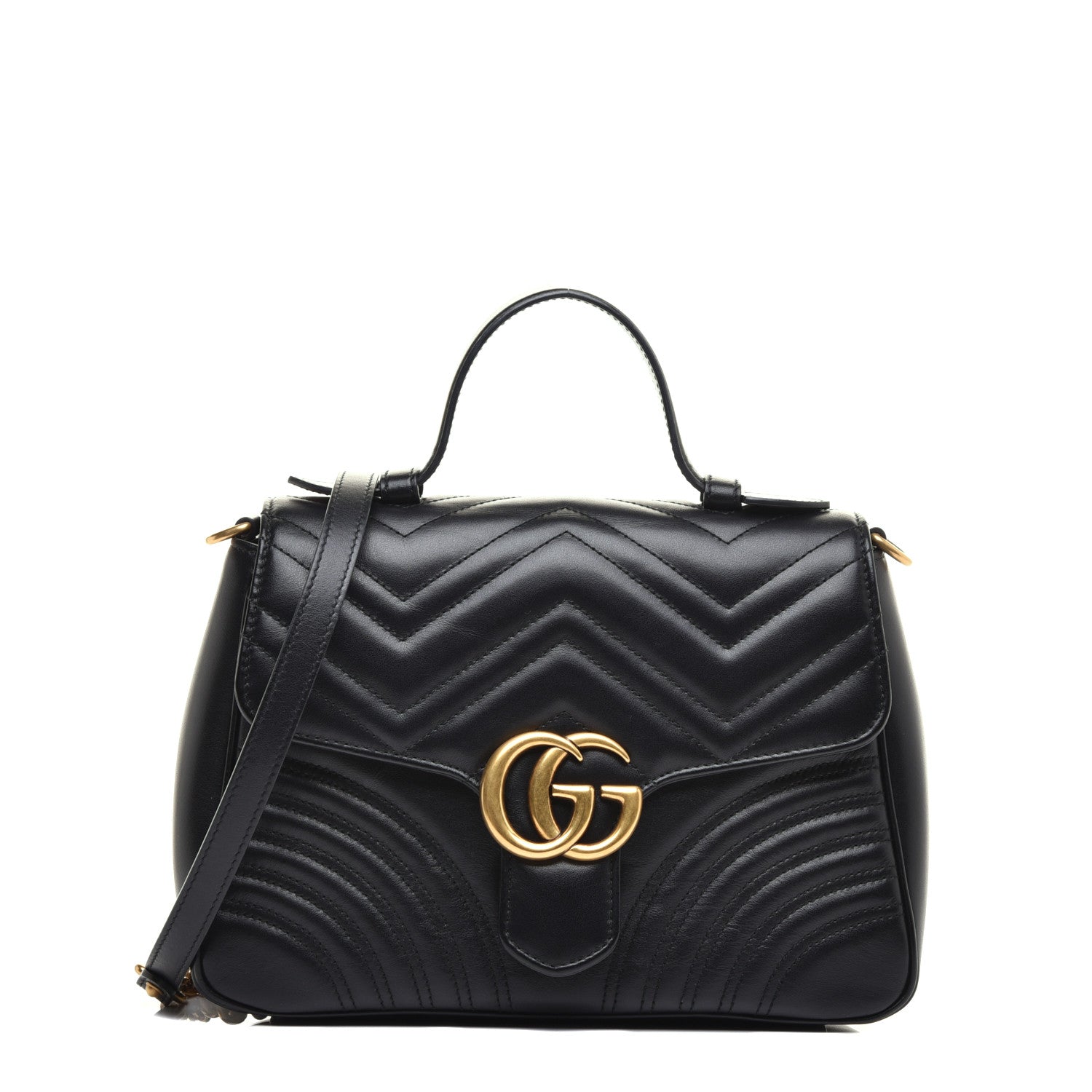 Gucci Calfskin Matelasse Small GG Marmont Top Handle Shoulder Bag Black 1 of 9