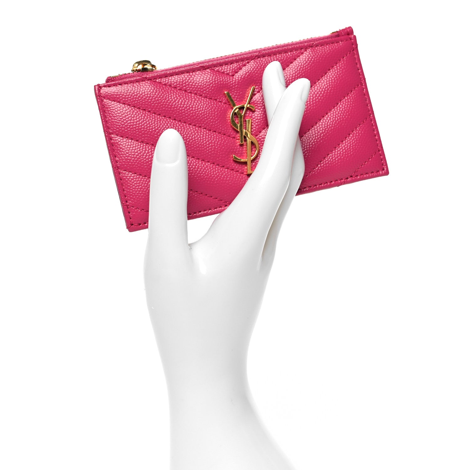 Saint Laurent Grain De Poudre Matelasse Chevron Monogram Fragments Zippered Card Case Fresh Fuxia 2 of 9