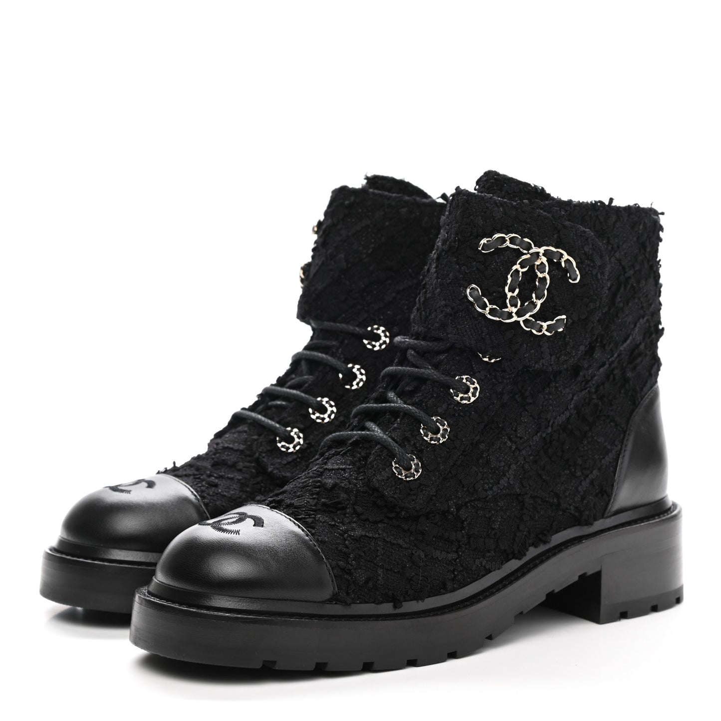 Tweed Lambskin Quilted Lace Up Combat Boots 39.5 Black