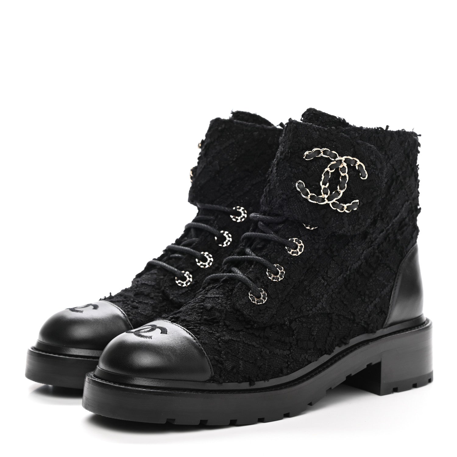 Chanel Tweed Lambskin Quilted Lace Up Combat Boots 39.5 Black 3 of 9