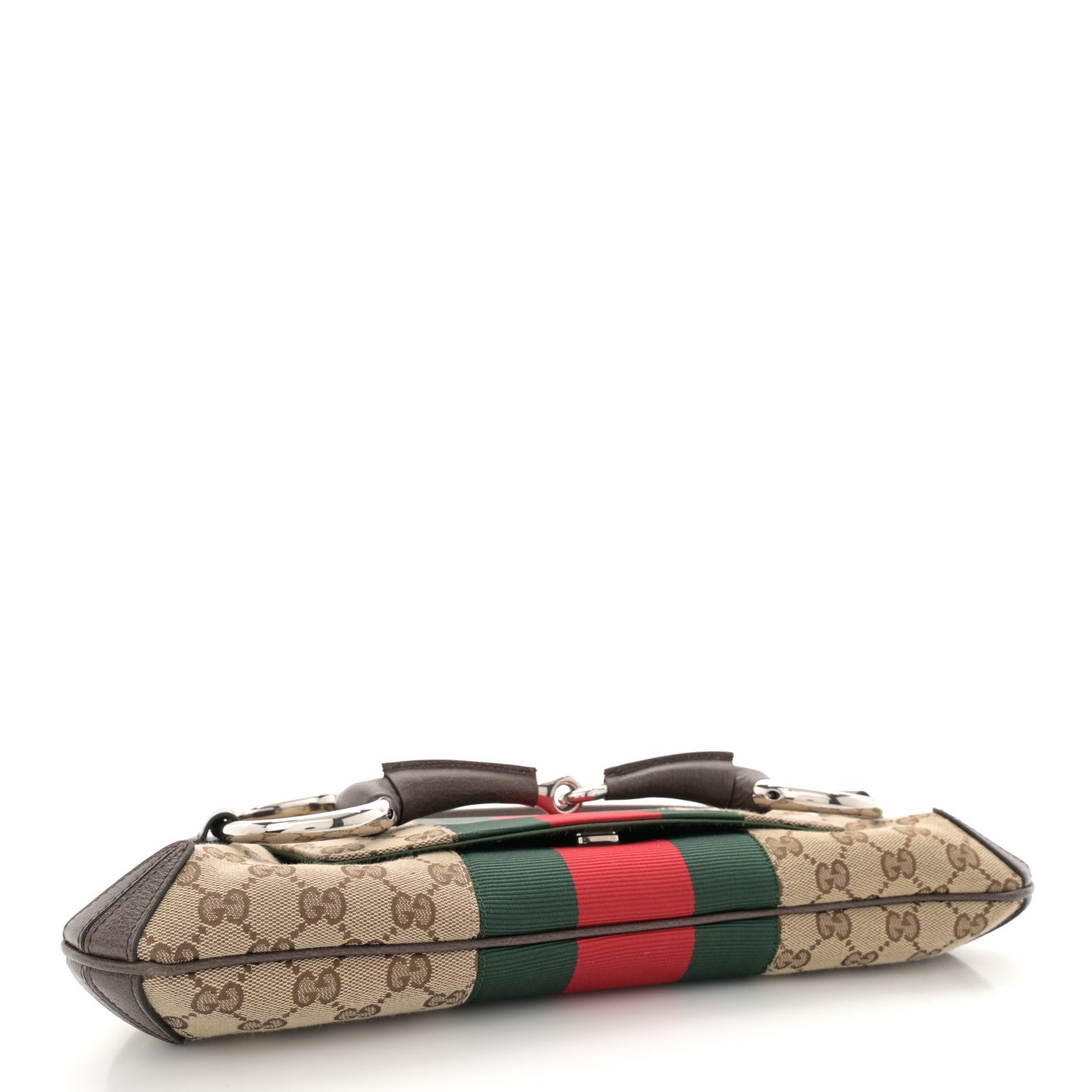 Gucci Monogram Textured Dollar Calfskin Heavy Grosgrain Web Medium Maxi Horsebit Chain Shoulder Bag Beige Ebony New Acero 4 of 11