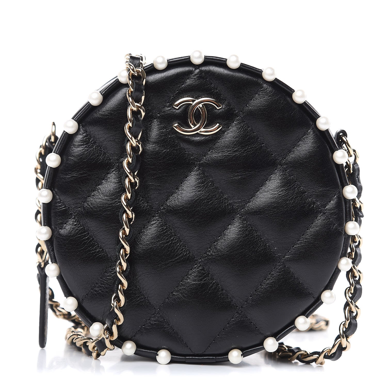 Chanel Calfskin Quilted Pearl Round Clutch With Chain Black 1 of 10