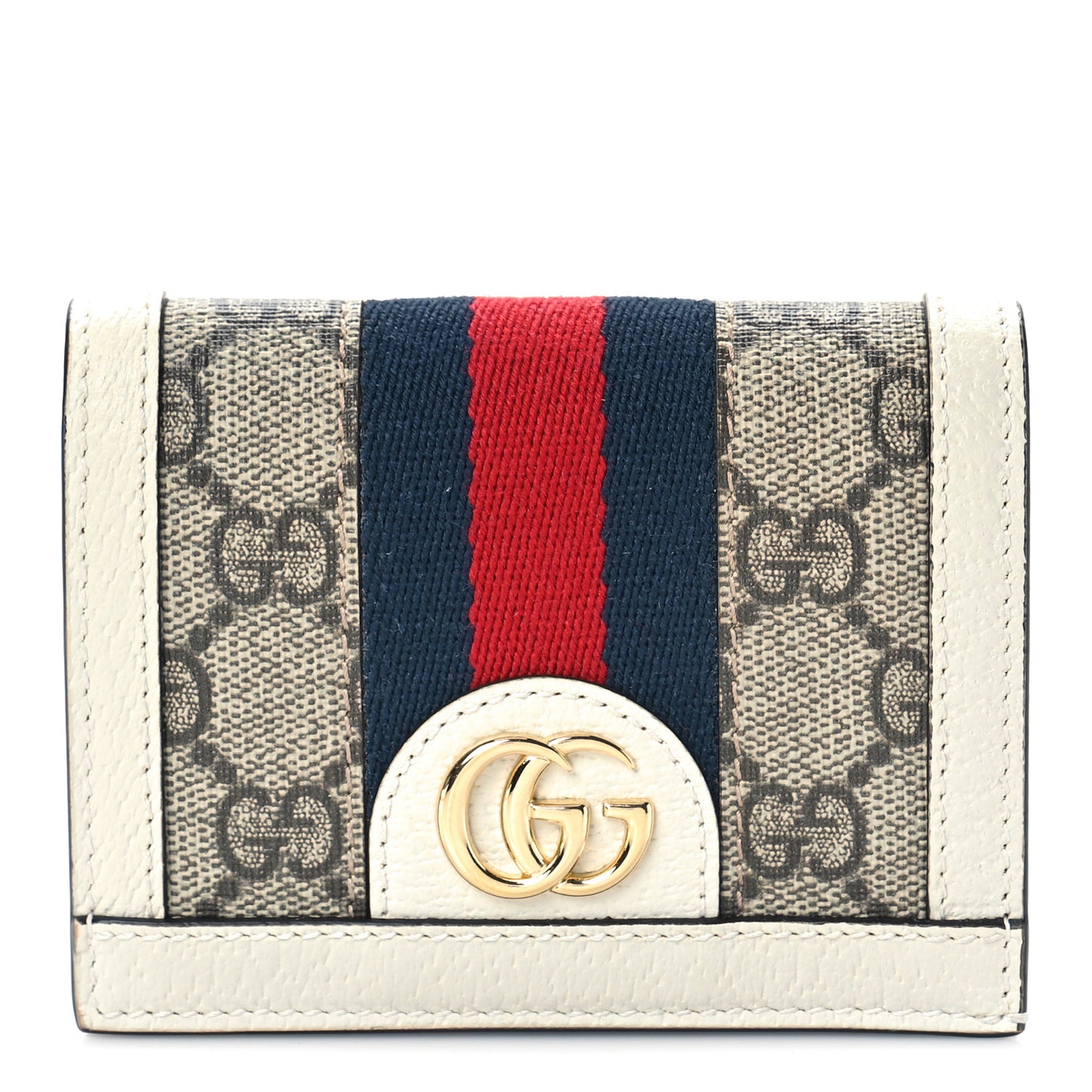 GG Supreme Monogram Textured Dollar Calfskin Web Ophidia Card Case Beige Ebony Mystic White