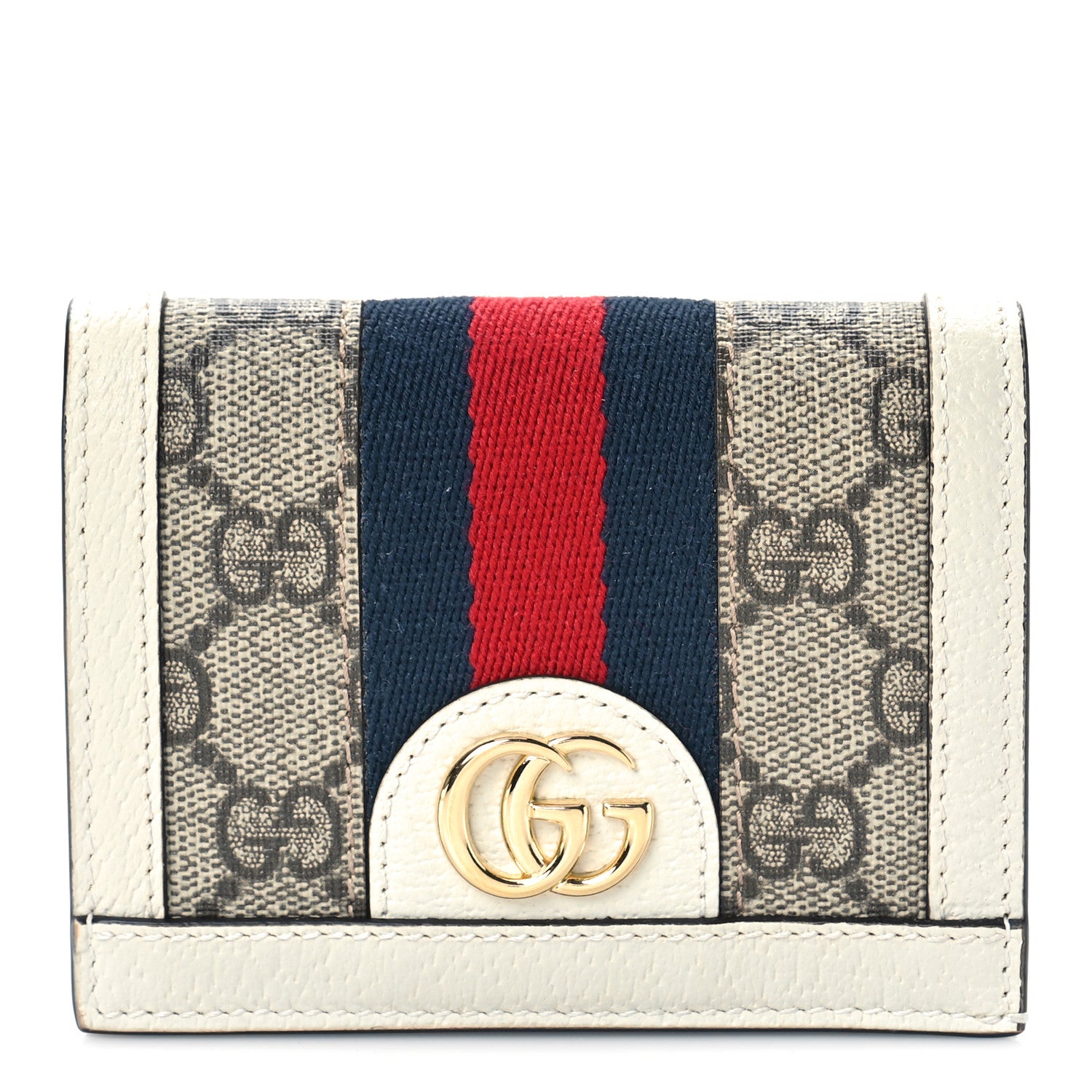 Gucci GG Supreme Monogram Textured Dollar Calfskin Web Ophidia Card Case Beige Ebony Mystic White 1 of 8
