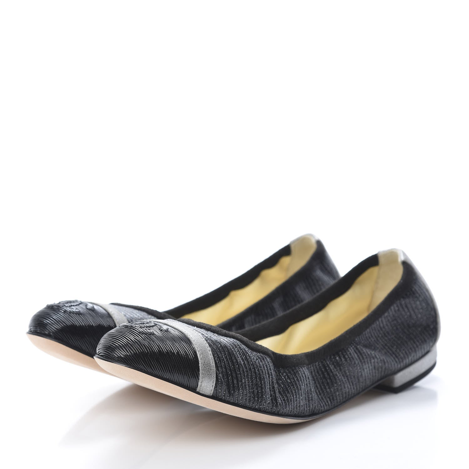 Chanel Metallic CC Elastic Cap Toe Ballerina Flats 37 Black Silver 3 of 8