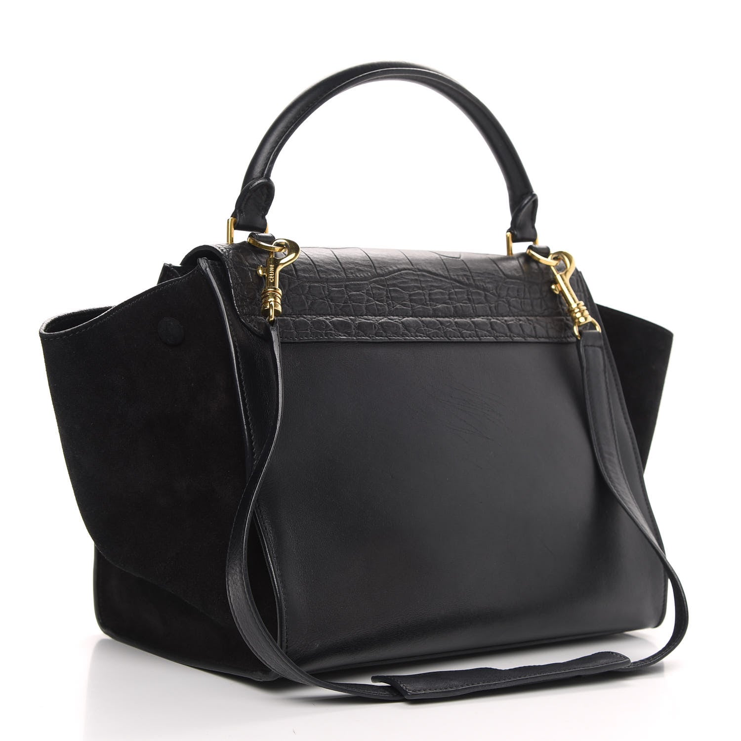 Celine Crocodile Embossed Calfskin Suede Medium Trapeze Black 4 of 15