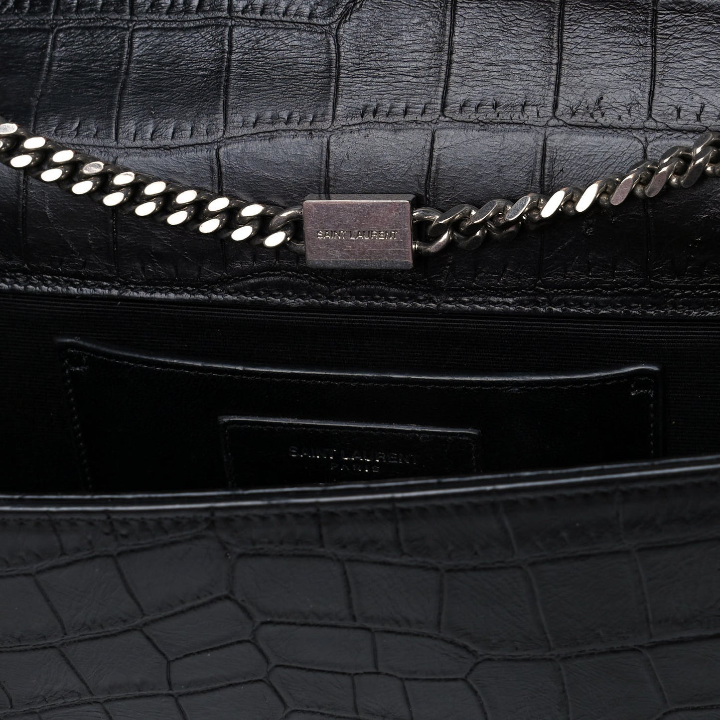 Calfskin Crocodile Embossed Medium Classic Monogram Kate Tassel Satchel Black