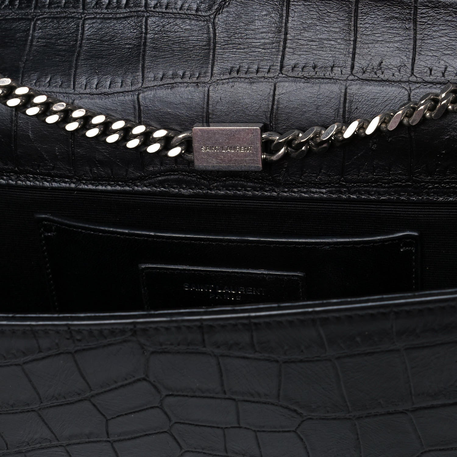 Saint Laurent Calfskin Crocodile Embossed Medium Classic Monogram Kate Tassel Satchel Black 8 of 12