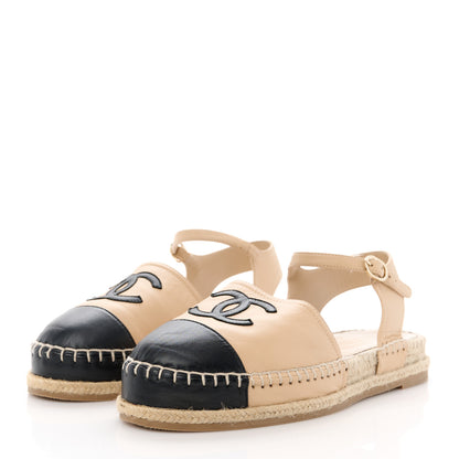 Chanel Lambskin Cap Toe CC Espadrille Sandals 38 Beige Black 3 of 8
