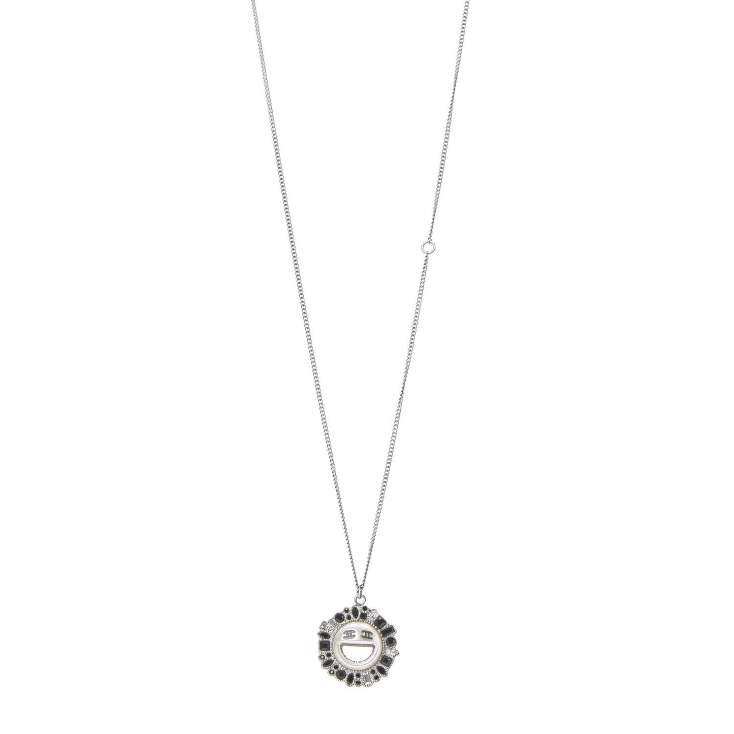 Crystal CC Smiley Emoji Pendant Necklace Silver Black