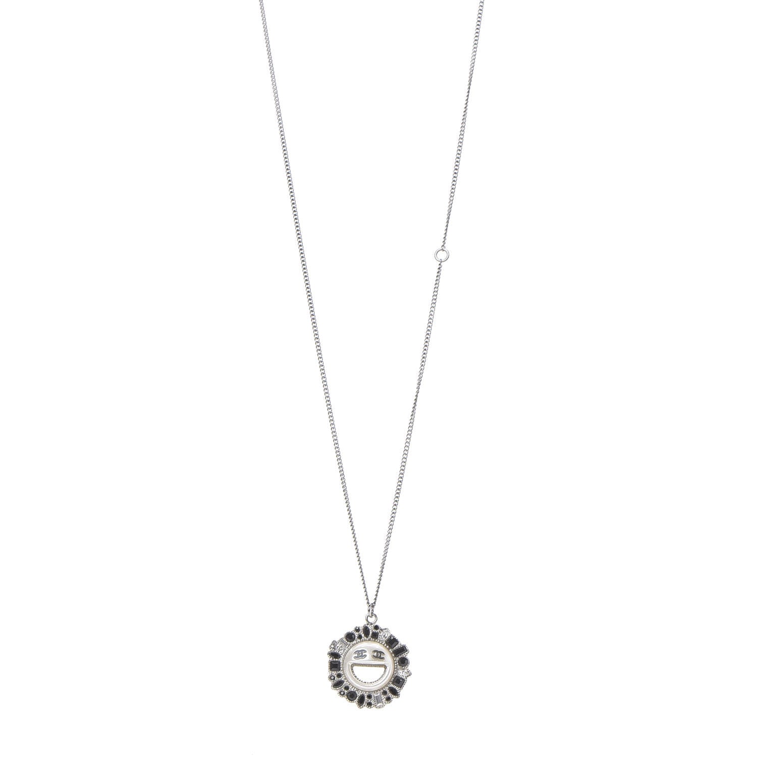 Chanel Crystal CC Smiley Emoji Pendant Necklace Silver Black 2 of 5