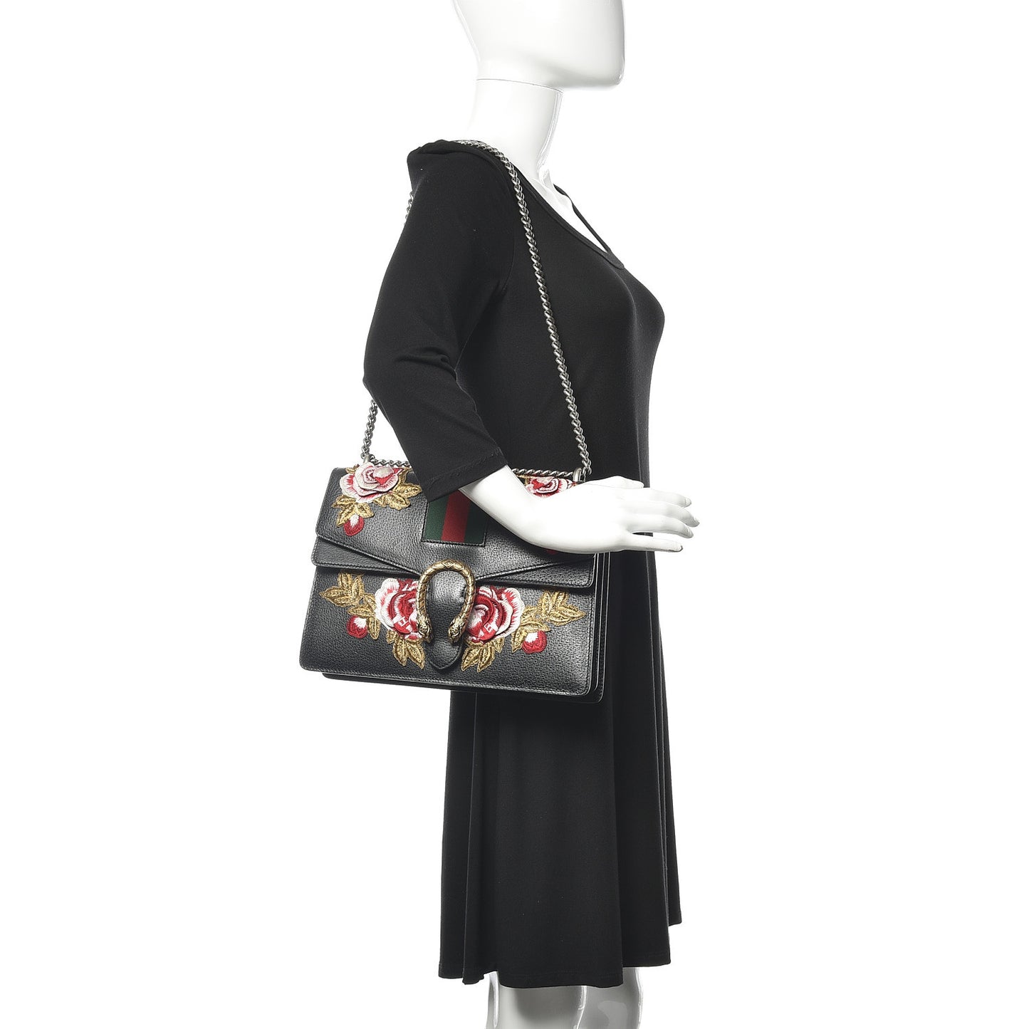Calfskin Web Floral Embroidered Medium Dionysus Shoulder Bag Black