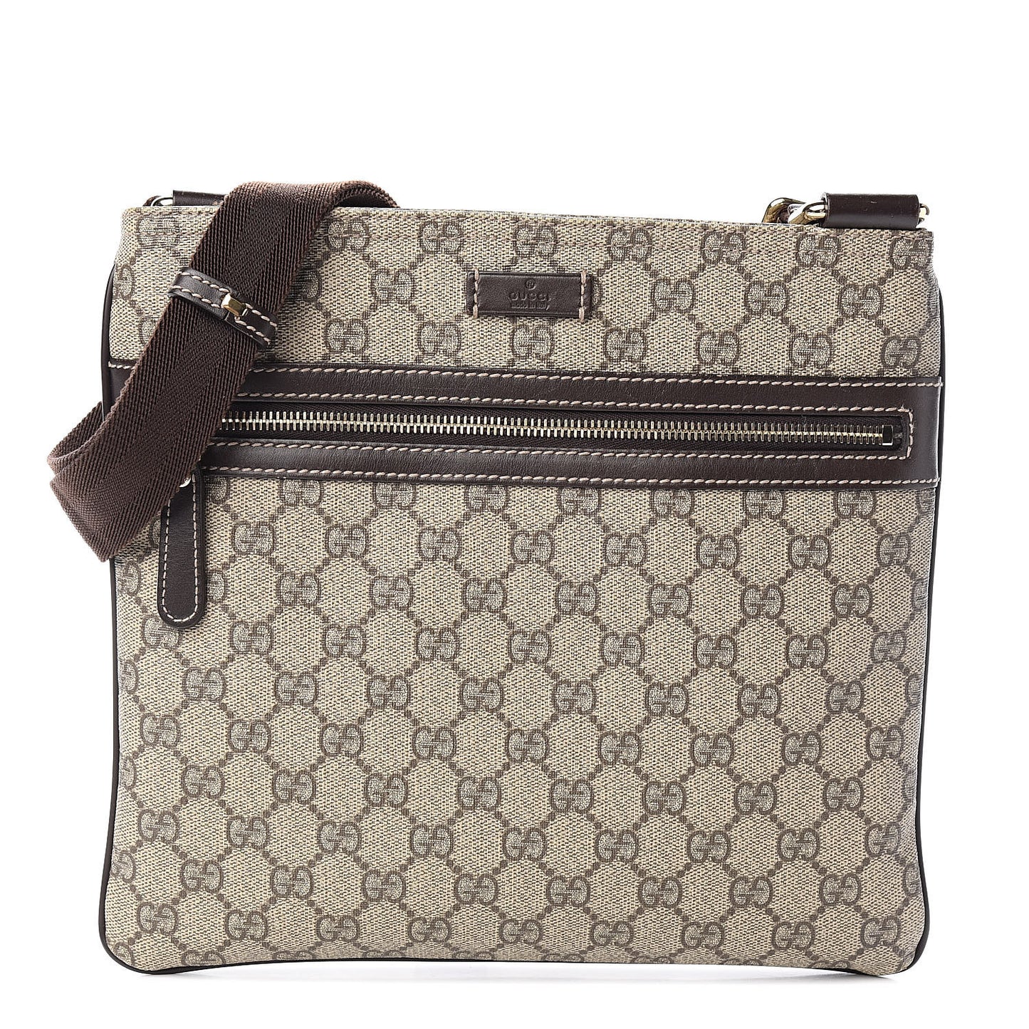 GG Supreme Monogram Selleria Calfskin Small Flat Side Zip Messenger Bag Beige Ebony Cocoa Dark Chocolate