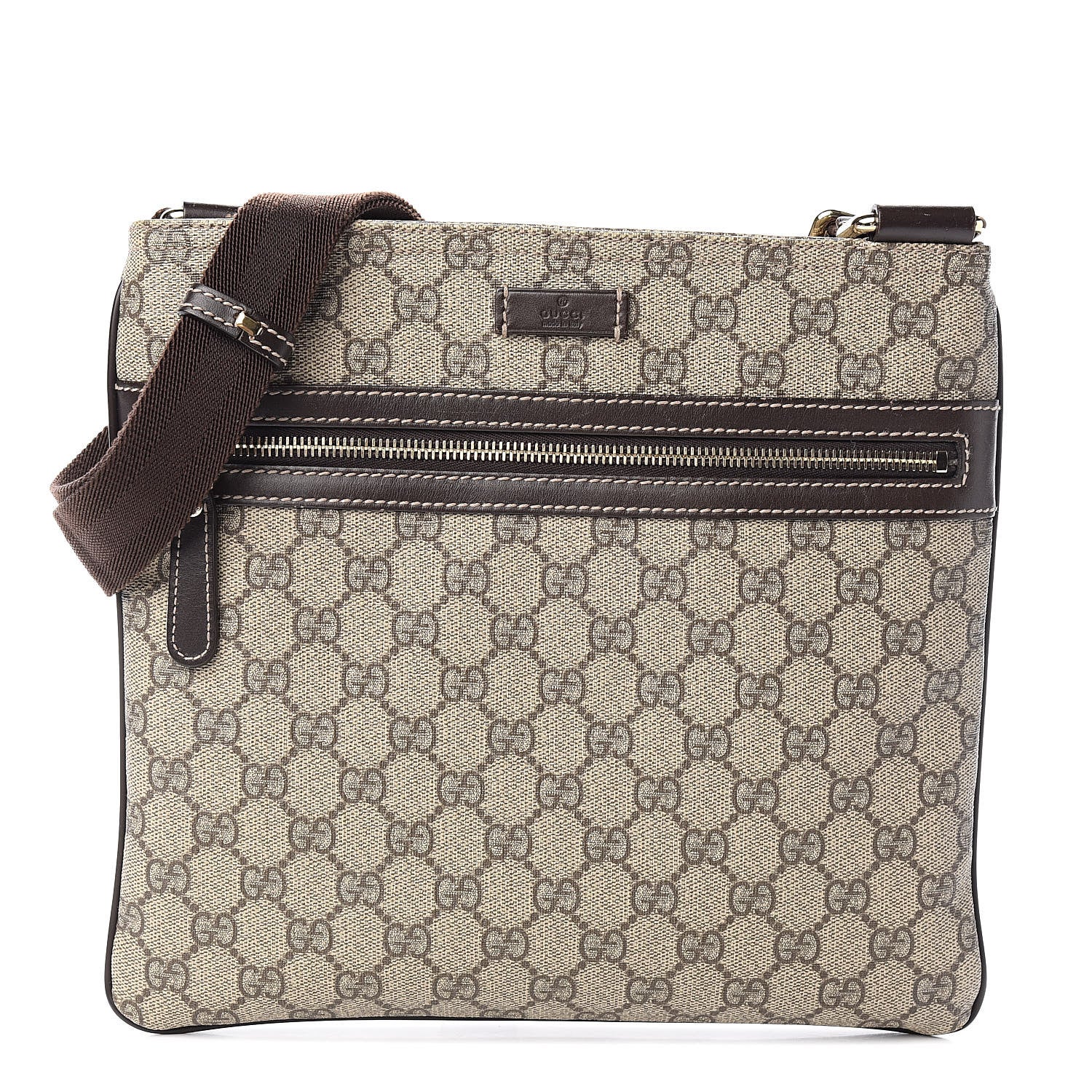 Gucci GG Supreme Monogram Selleria Calfskin Small Flat Side Zip Messenger Bag Beige Ebony Cocoa Dark Chocolate 1 of 10