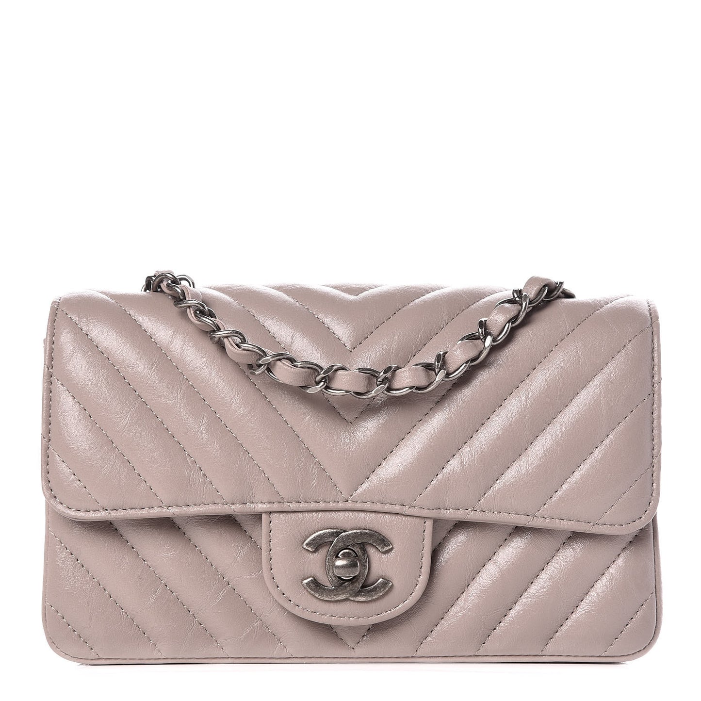 Iridescent Calfskin Chevron Quilted Mini Rectangular Flap Grey