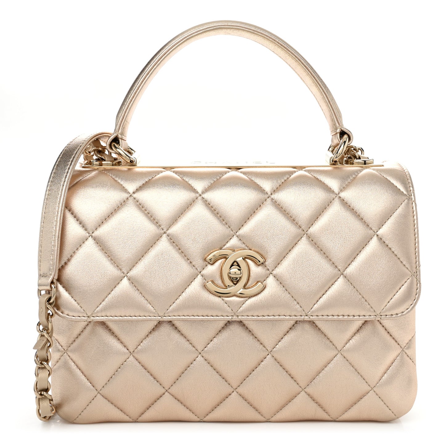 Metallic Lambskin Quilted Small Trendy CC Flap Dual Handle Bag Gold