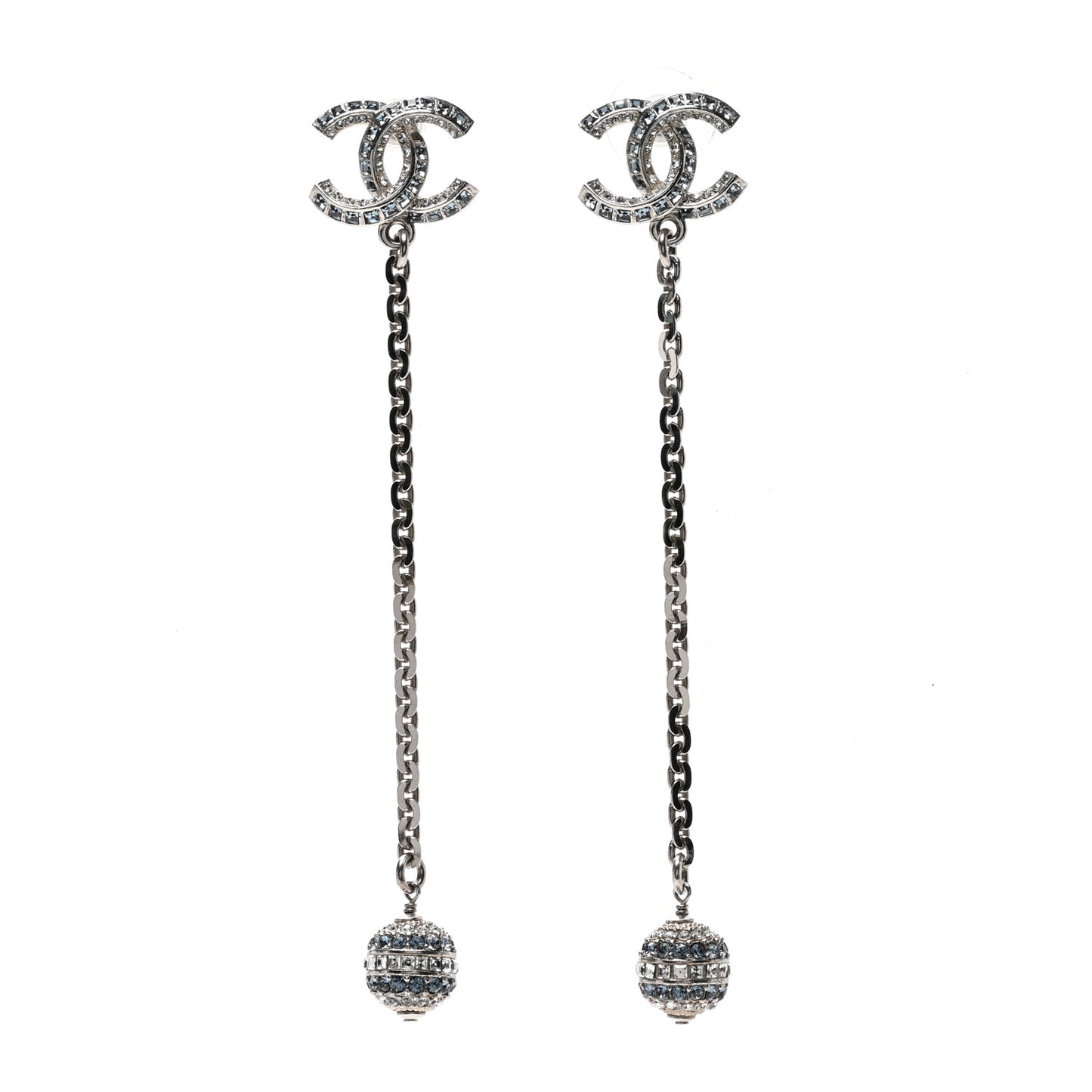 Crystal Drop Long CC Earrings Silver
