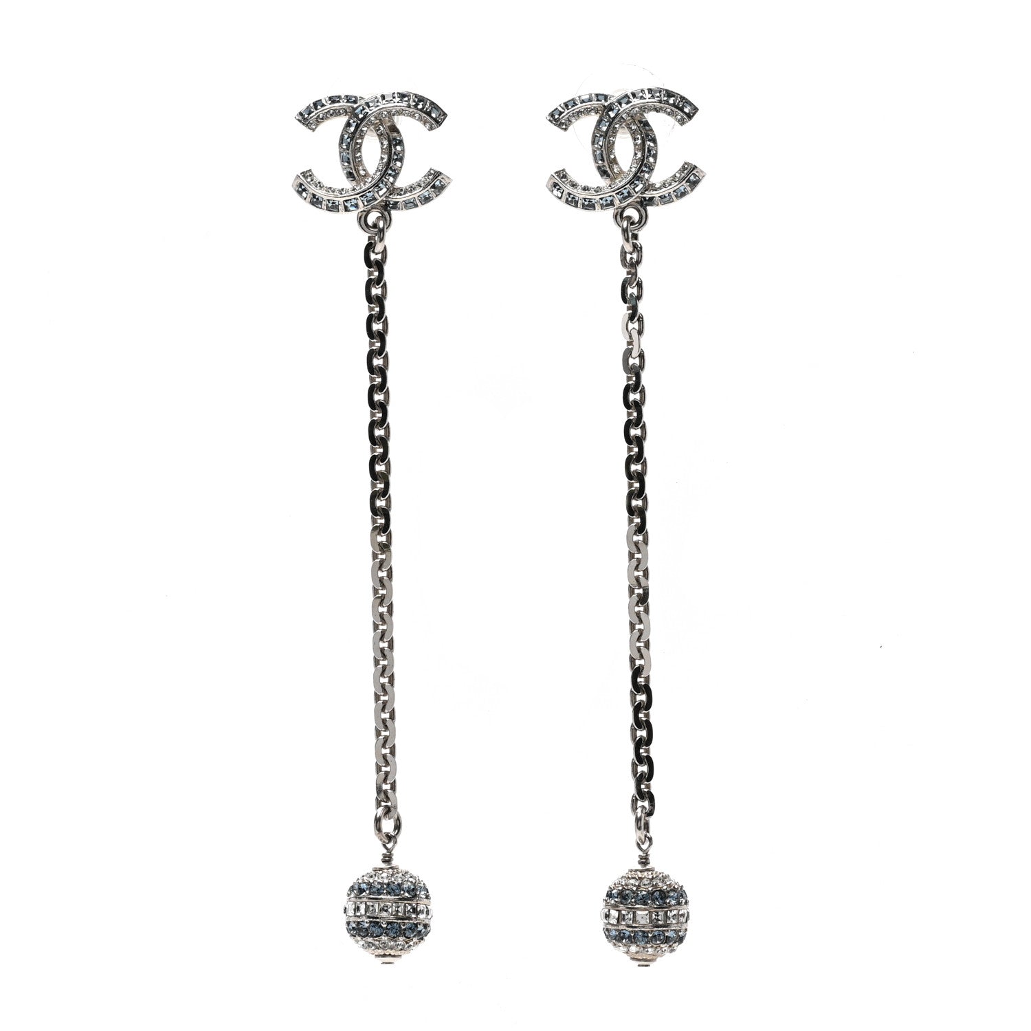 Chanel Crystal Drop Long CC Earrings Silver 1 of 4