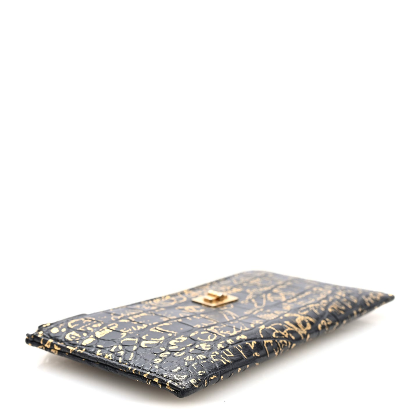 Calfskin Crocodile Embossed Graffiti 2.55 Cocodile Reissue Zip Pouch Black Gold