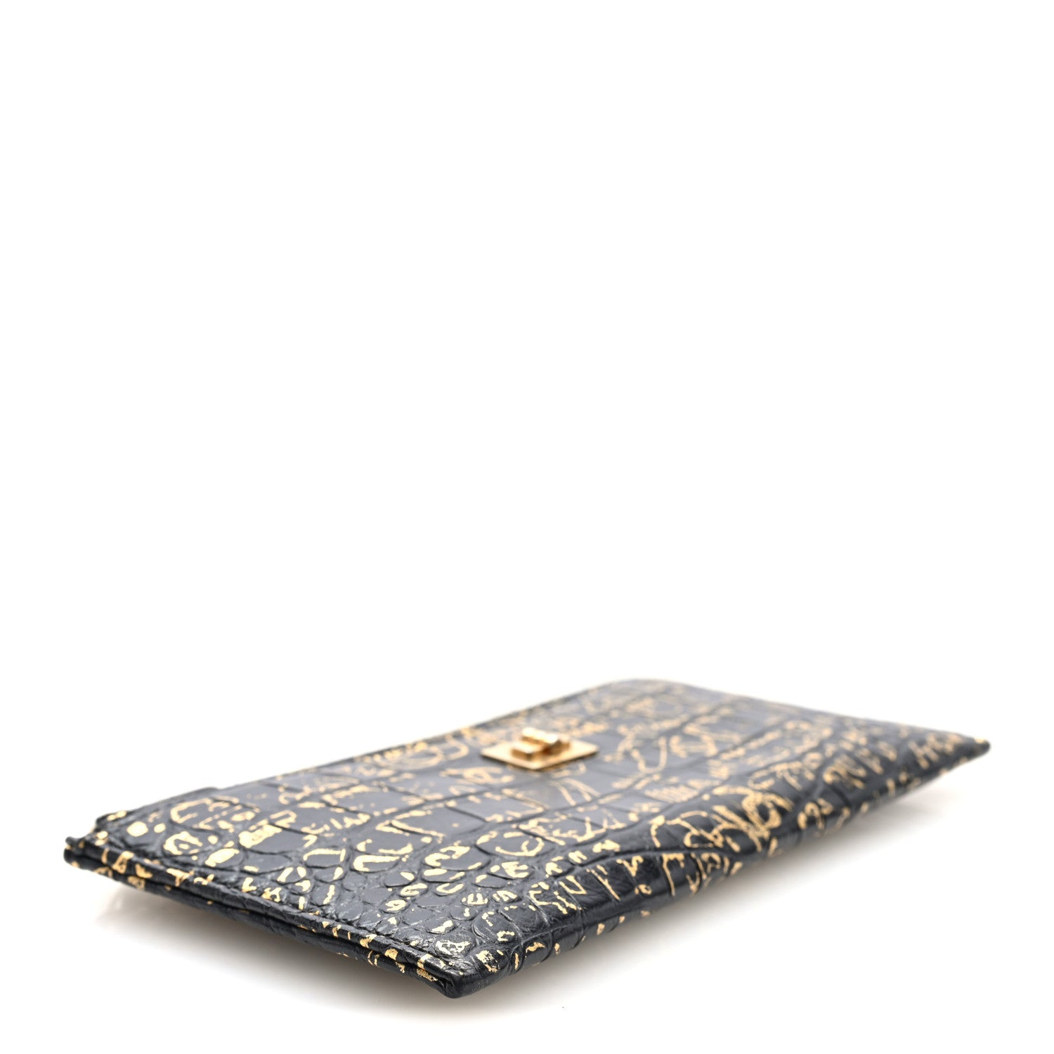 Chanel Calfskin Crocodile Embossed Graffiti 2.55 Cocodile Reissue Zip Pouch Black Gold 4 of 7