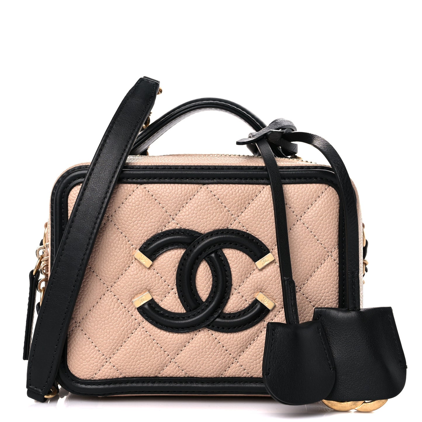 Caviar Quilted Small CC Filigree Vanity Case Beige Black