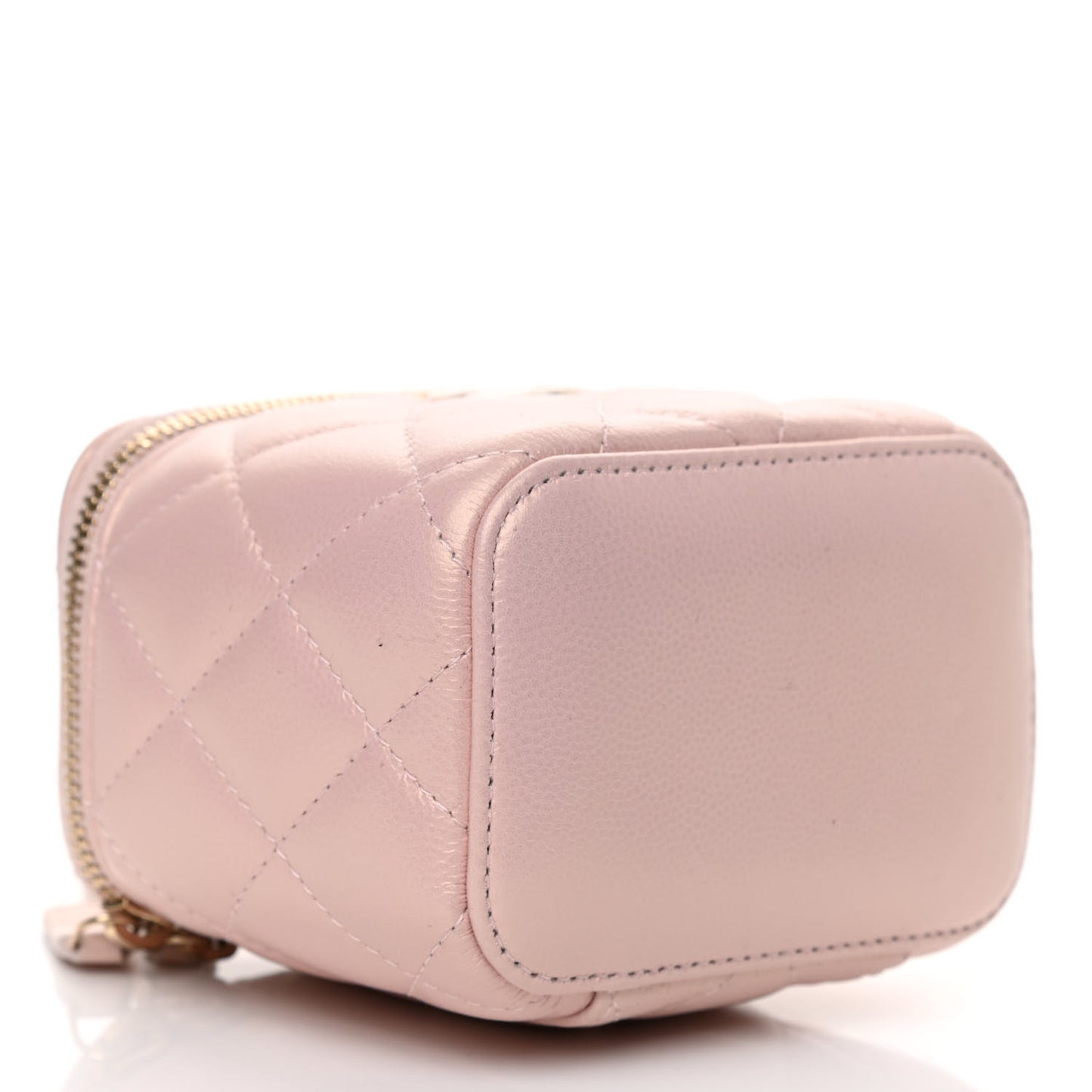 Iridescent Caviar Quilted Mini Pearl On Top Vanity Case With Chain Light Pink