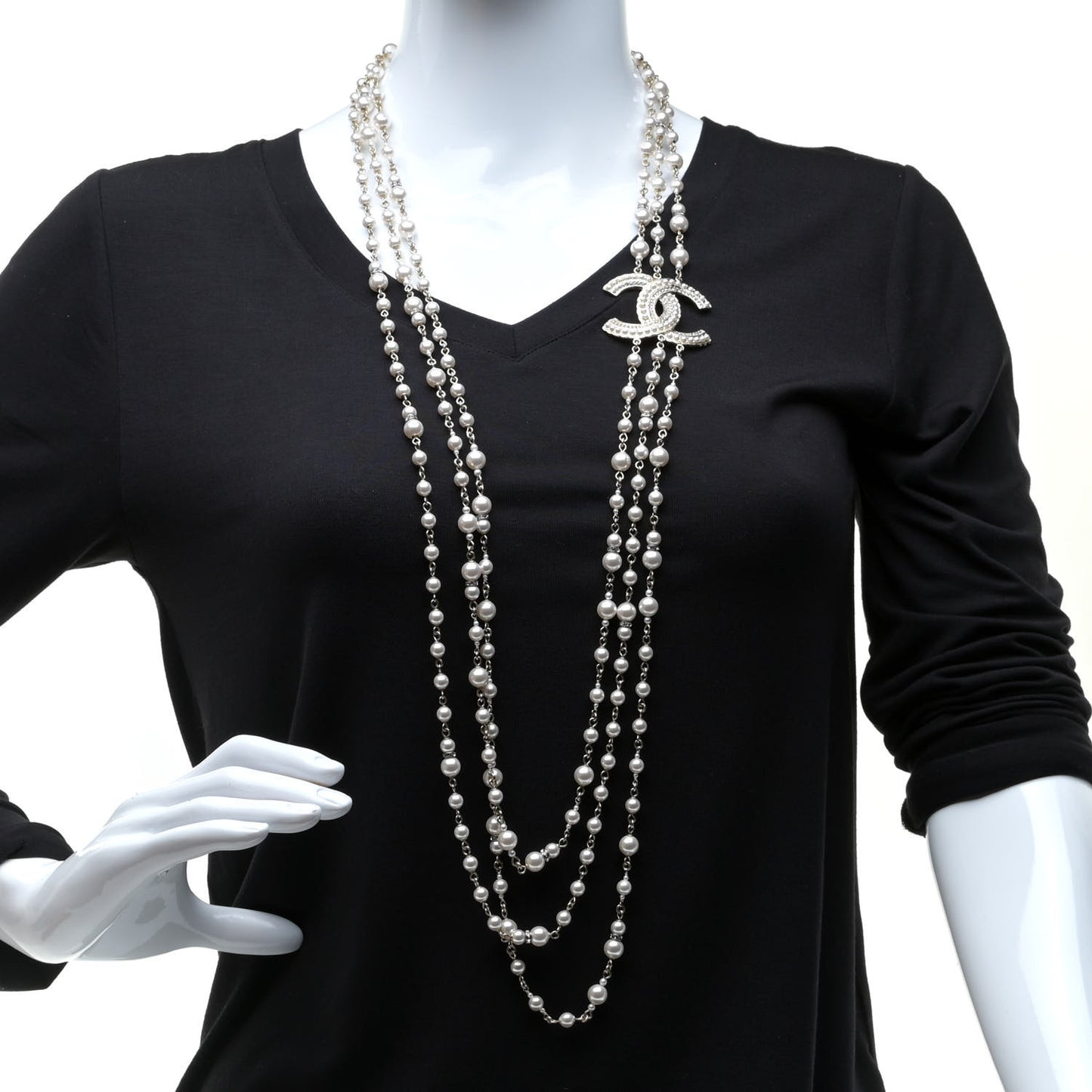 Graduated Pearl Crystal CC Multi Strand Long Necklace Gold