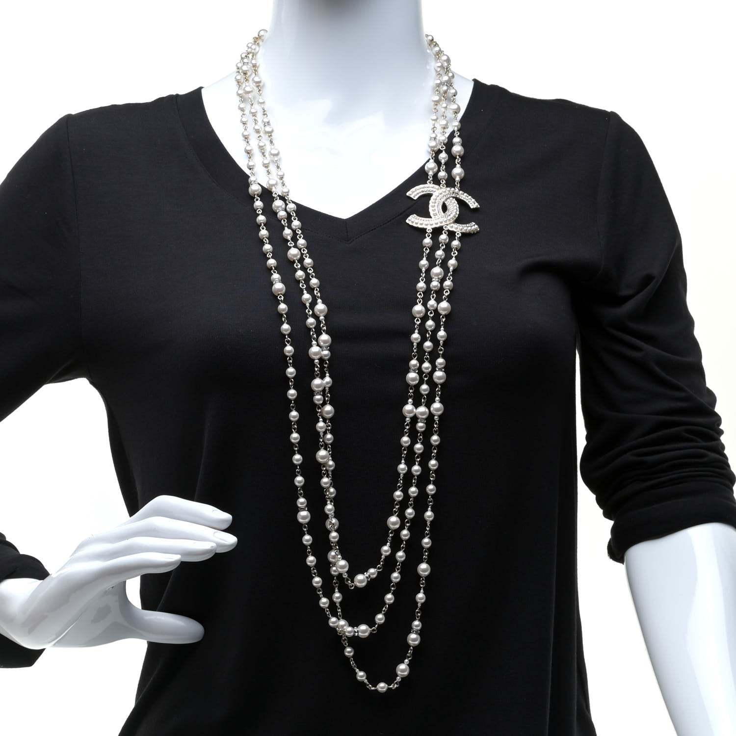 Chanel Graduated Pearl Crystal CC Multi Strand Long Necklace Gold 2 of 7