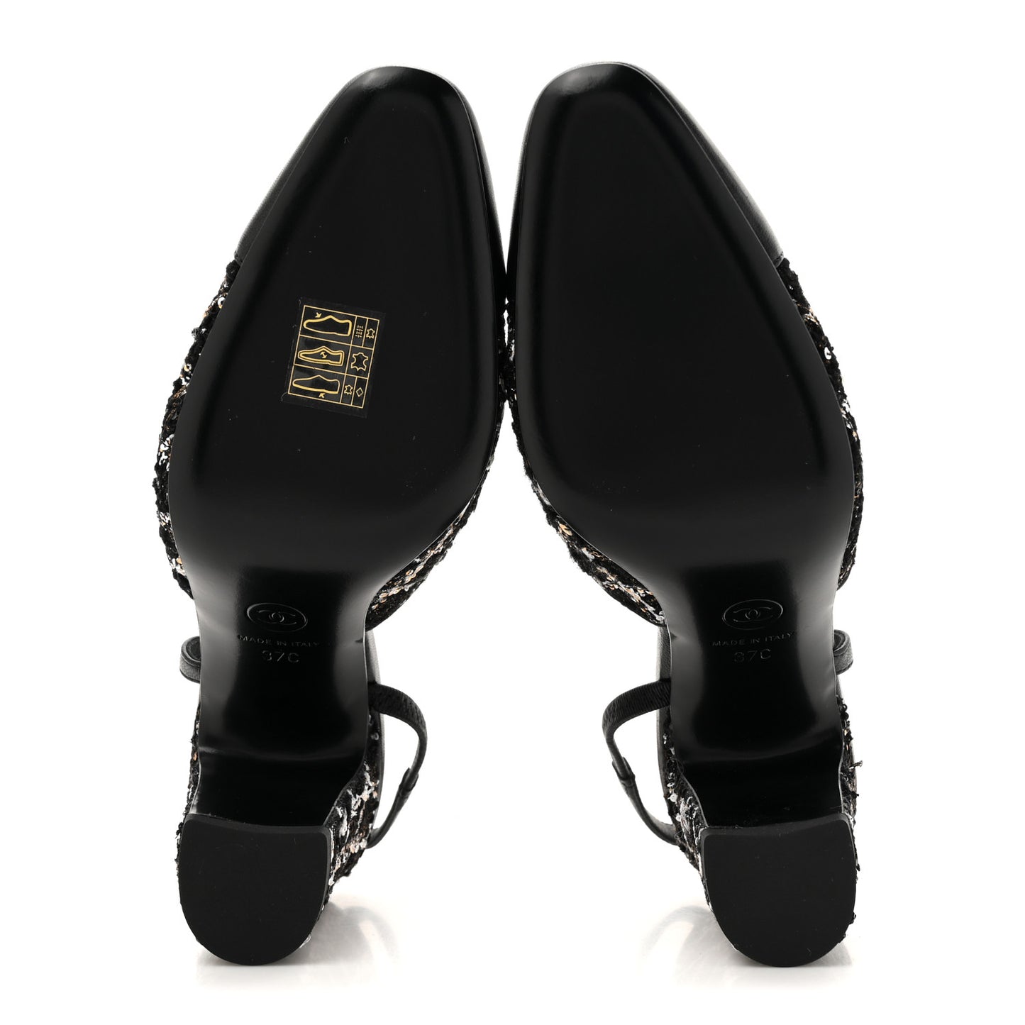 Tweed Sequins Goatskin Cap Toe CC Slingback Pumps 37 Black White Gold