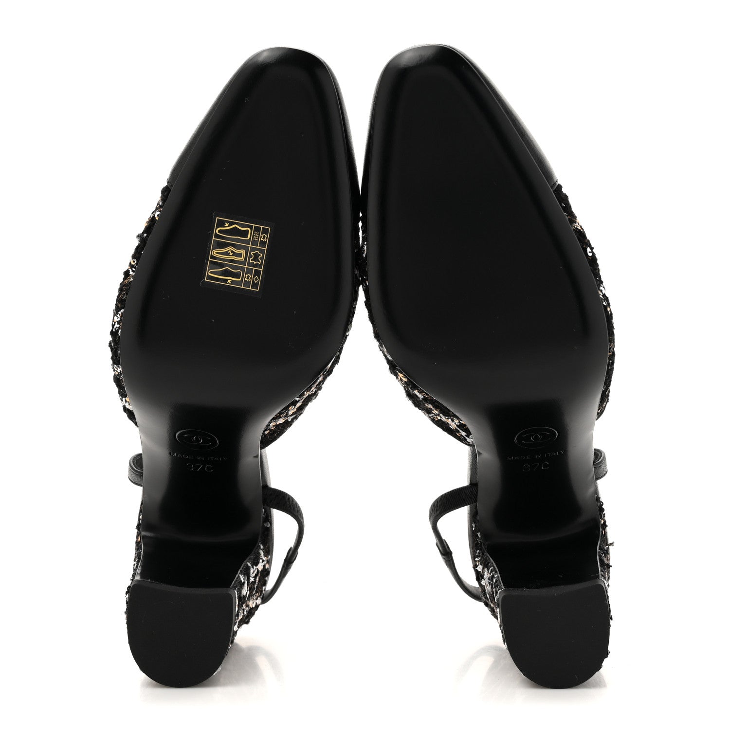 Chanel Tweed Sequins Goatskin Cap Toe CC Slingback Pumps 37 Black White Gold 7 of 10