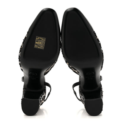 Chanel Tweed Sequins Goatskin Cap Toe CC Slingback Pumps 37 Black White Gold 7 of 10
